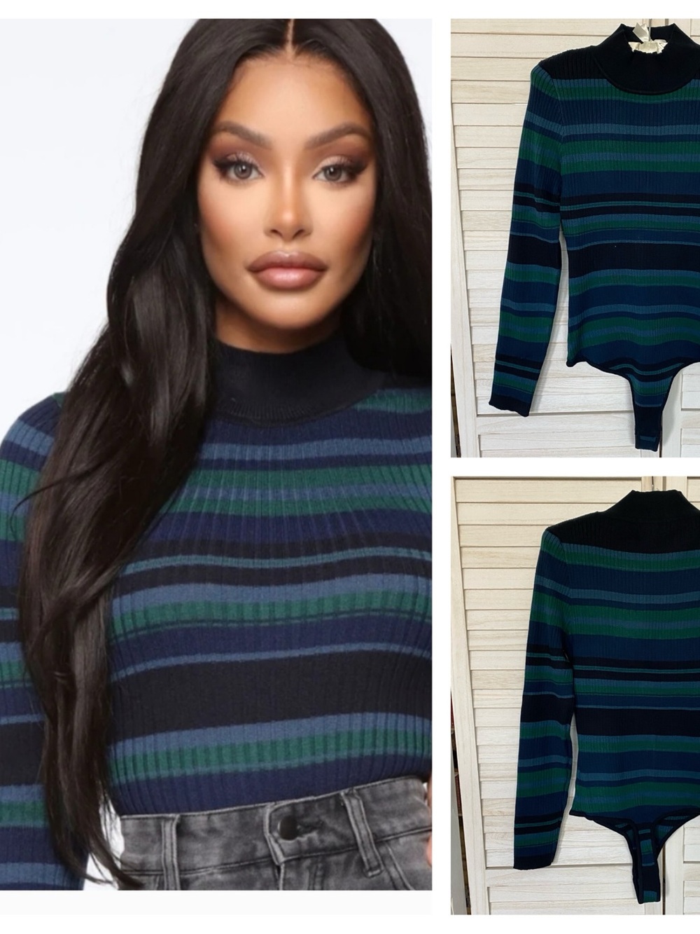 Fashion Nova Warm My Body Hunter Green Knit Striped Sweater Bodysuit SZ XL NWT